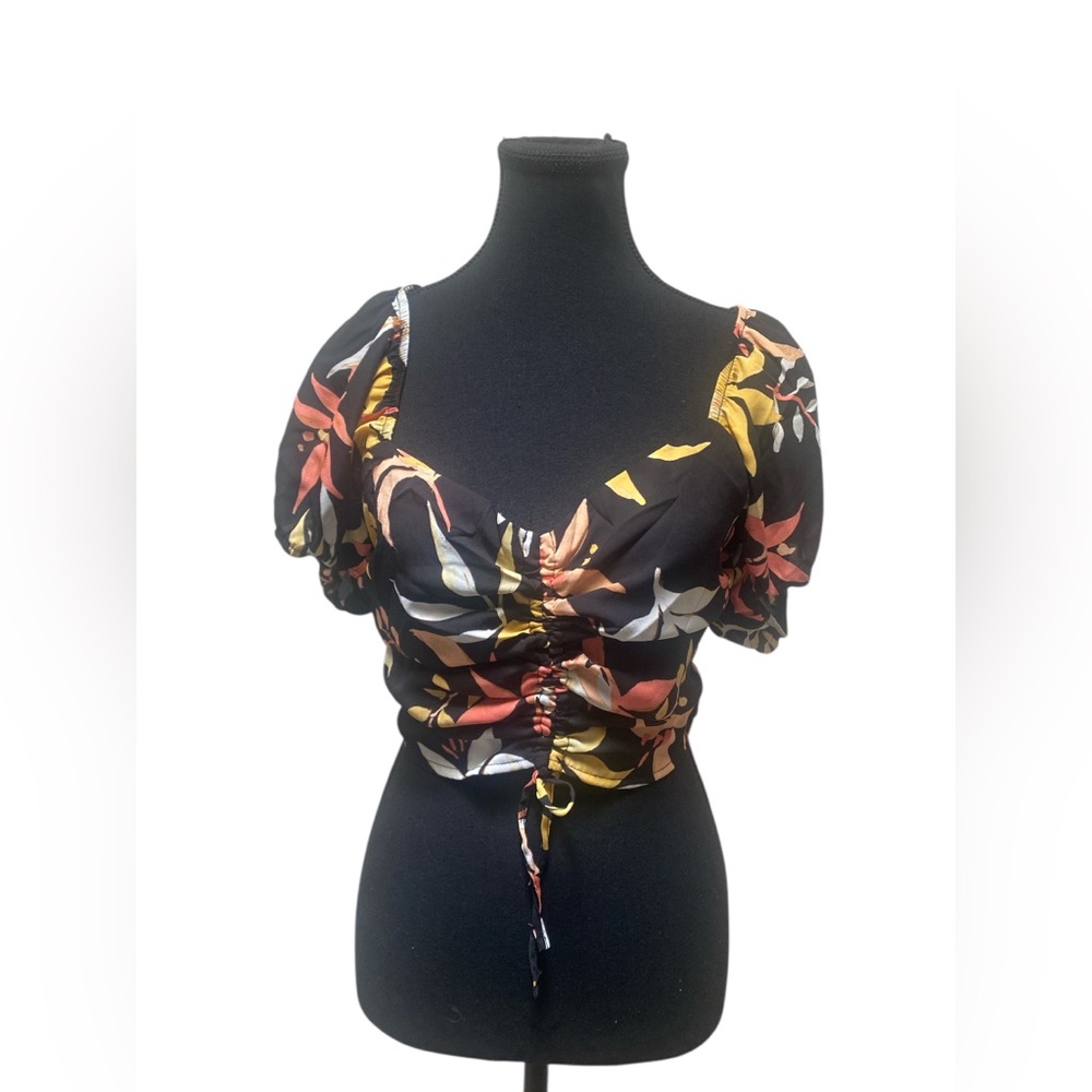 Forever 21 Black Floral Ruched Blouse GUC S